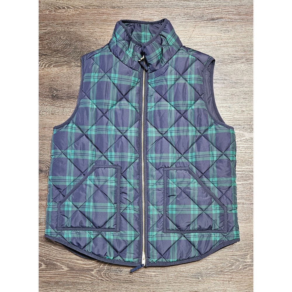 Tahari Women Full Zip Sleeveles Quilted Puffer Plaid Vest Blue,Green Size Medium